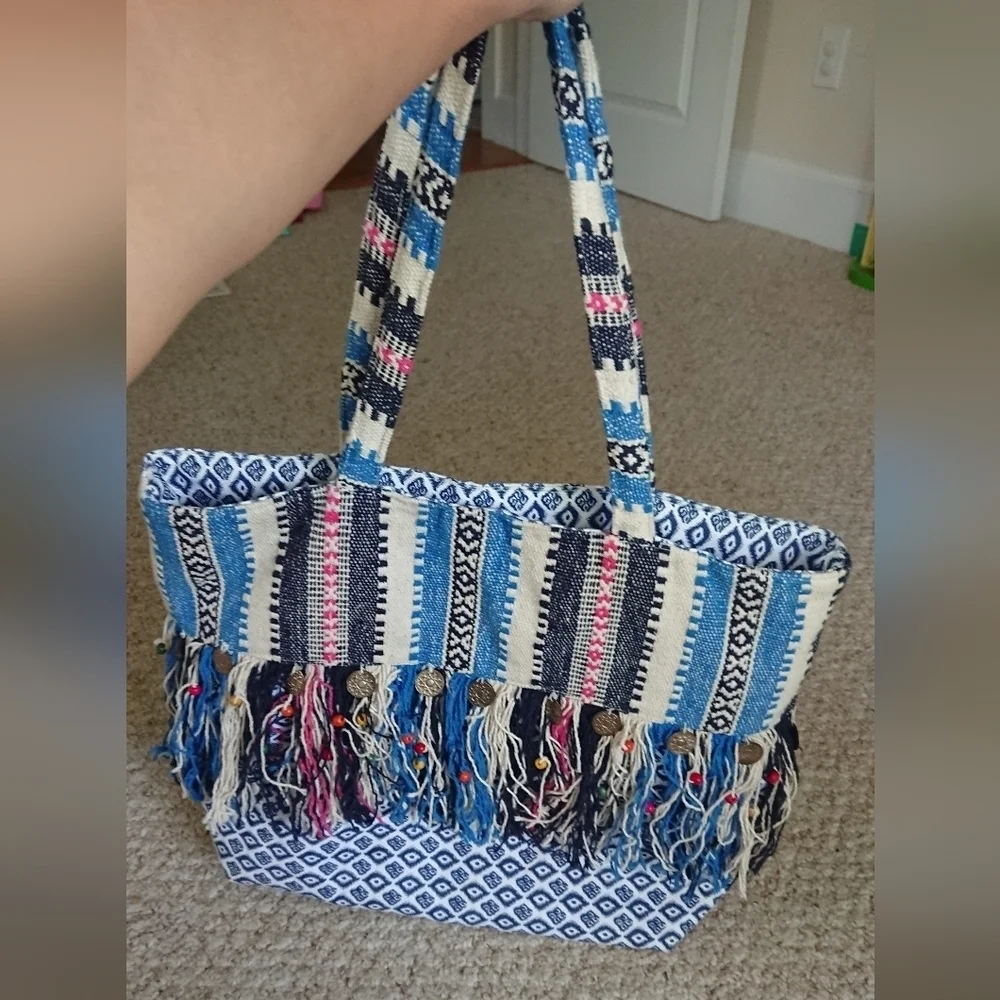 America & Beyond Boho Embroidered Tassel Blue and White Tote Bag